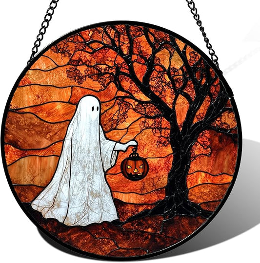 Stained Glass Window Hanging - Halloween Ghost Holding A Pumpkin Lantern Suncatcher for Door Garden Spooky Tree Sun Catchers Gothic Decorations Horror Gifts for Women Men Friend 11.8 in