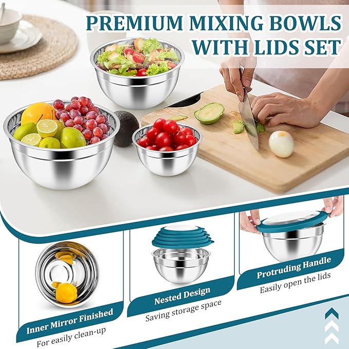 P&P CHEF Mixing Bowls with Visible Airtight Lids Set of 5, 10-Piece Stainless Steel Mixing Nesting Bowl, Metal Bowl with Lid for Kitchen Prepping & Storing, Size 4.6, 3, 1.5, 1, 0.7 QT, Blue