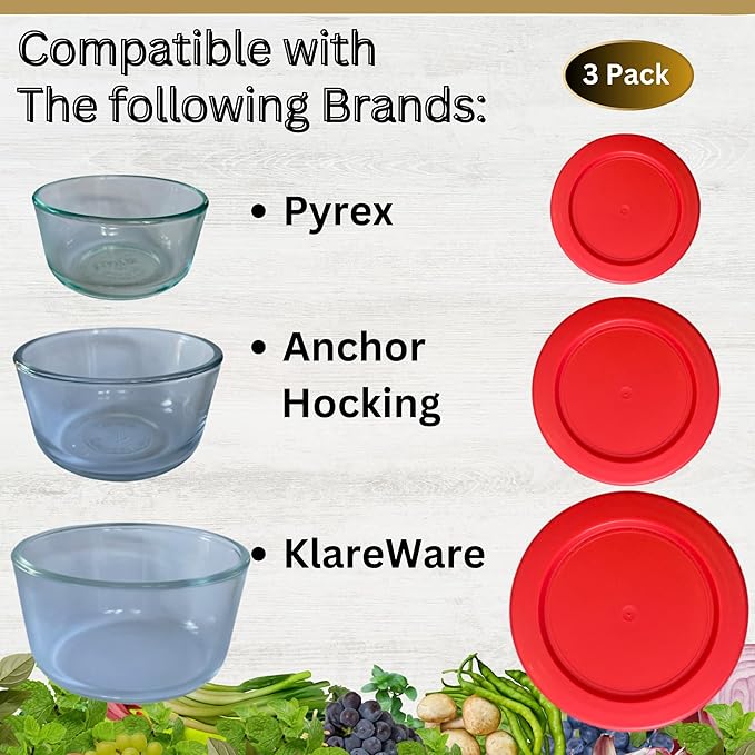 2, 4 & 7 Cup Red Replacement Lids/Covers for Pyrex, Anchor Hocking & KlareWare Storage Bowls *Lids Only Glass Container Not Included* (3 Pack *One of Each Size*)