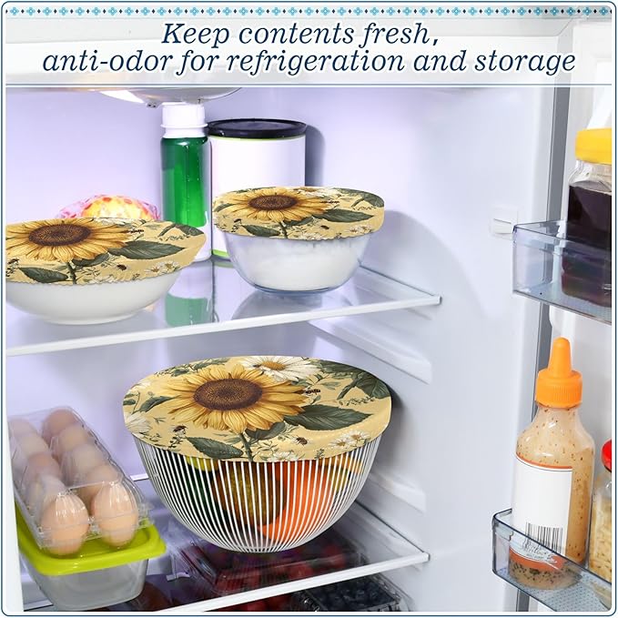 5 Pcs Bowl Covers Reusable in 5 Size Elastic Food Cover Cloth Lids Fresh Keeping Dish Cookware Bakeware Fabric Covers Lids for Food Leftovers Fruits Storage Yellow Sunflowers and Daisies
