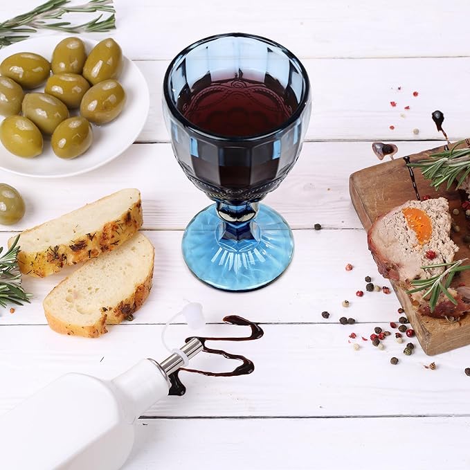 Joeyan Blue Vintage Wine Glasses,Clear Water Goblet Glasses,Stemmed Drinking Glasses with Embossed Pattern,Colored Glassware Set for Wedding Party Banquet Feast,10 oz,Set of 4,Dishwasher Safe