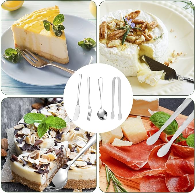 Charcuterie Board Accessories, 18 Pcs Silver Stainless Steel Spreader Knives Set Include Mini Serving Tongs, Cheese Butter Knives, Spoons, Forks, Honey Dippers