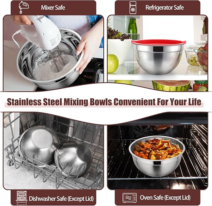 P&P CHEF Red Mixing Bowls with Lids, Set of 3, Stainless Steel Salad Nesting Bowl for Mixing, Storing, Prepping, Airtight & Stackable, Size 4.6/3 /1.5 QT