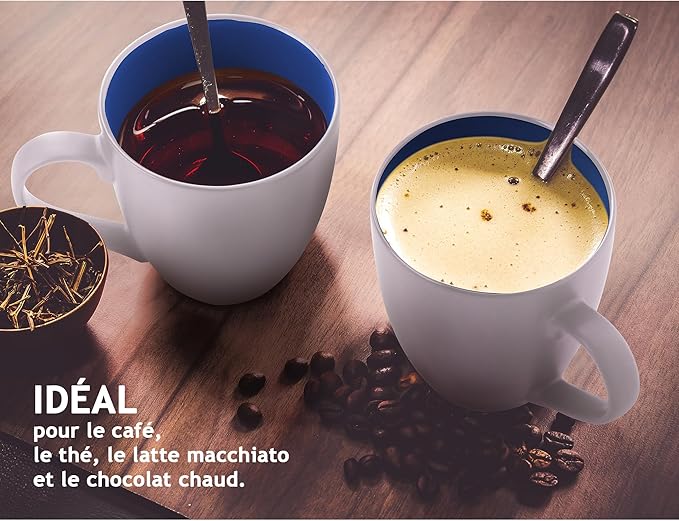 MIAMIO - Set of 6 Stoneware Coffee Mugs 12 Ounce/Cup Set - Le Papillon Collection (White-Colourful)