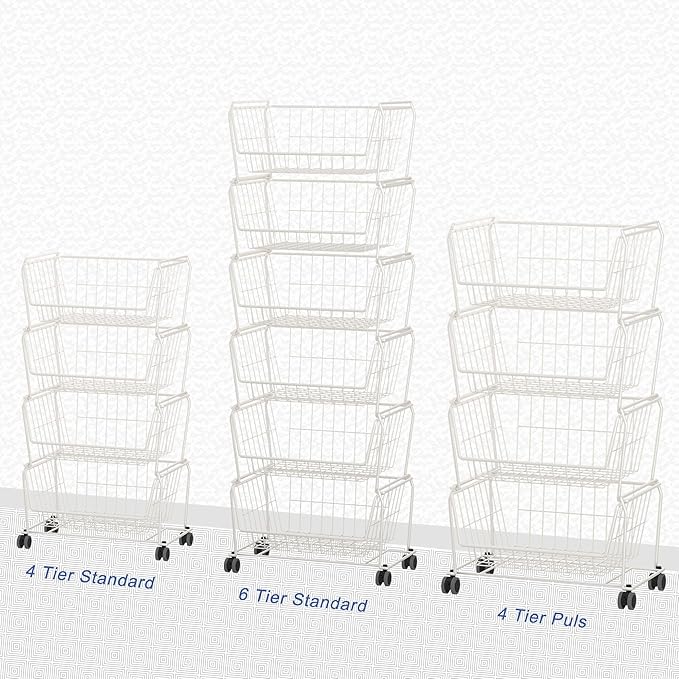 PUSDON Stackable Metal Storage Carts, Dual Use Shelf for Kitchen Fruit Vegetable Baskets with Wheels, Storage Rack for Living Room, Home & Office, Standard White 4 Tiers