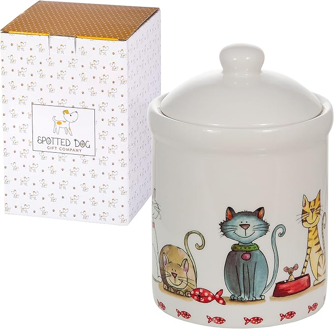 SPOTTED DOG GIFT COMPANY Ceramic Jar with Lid for Countertop, Decorative Cat Food Storage Kitchen Canister for Coffee Tea Sugar, Novelty Treat Container, Gifts for Cat Lovers Pet Owners 35oz