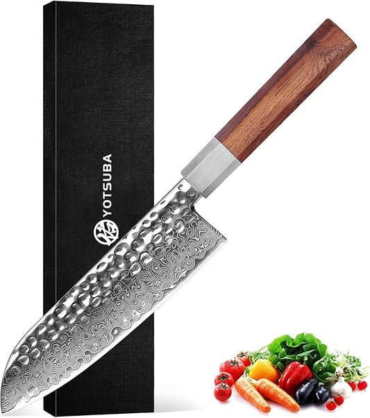 YOTSUBA 7 inch Damascus Japanese Santoku Chef Knife,High Carbon Stainless Steel Kitchen Knife,Professional Santoku Knives with Durable Ergonomic Wood Handle