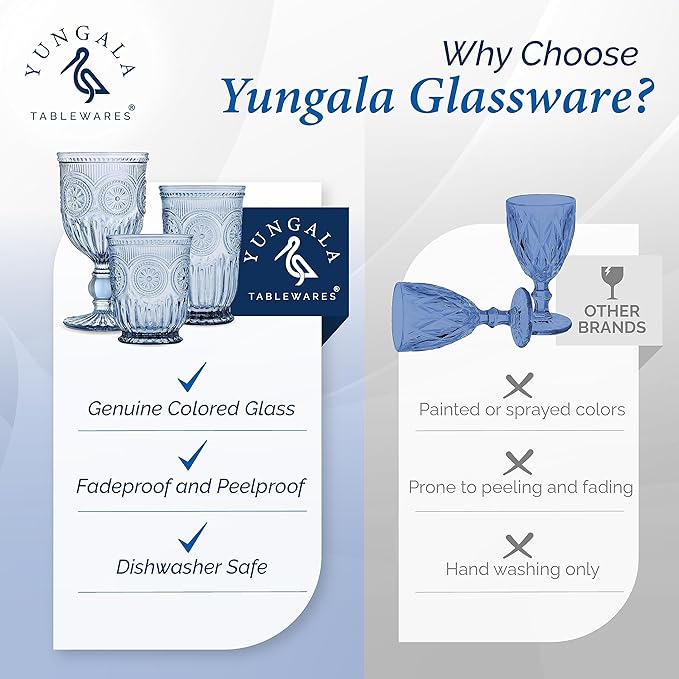 Yungala Blue Wine Glasses - Set of 6 Glass Goblets, 10oz - Dishwasher-Safe Handcrafted Stemmed Blue Vintage Glassware vintage wine glasses or water goblets or for those who love blue drinking glasses