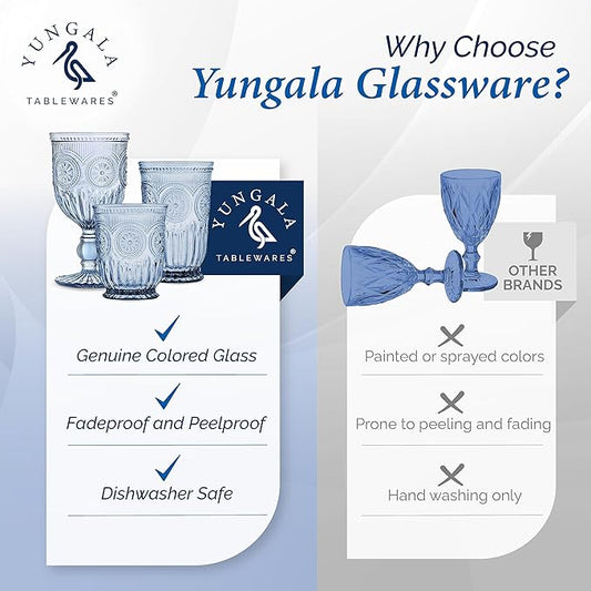 Yungala Blue Wine Glasses - Set of 6 Glass Goblets, 10oz - Dishwasher-Safe Handcrafted Stemmed Blue Vintage Glassware vintage wine glasses or water goblets or for those who love blue drinking glasses