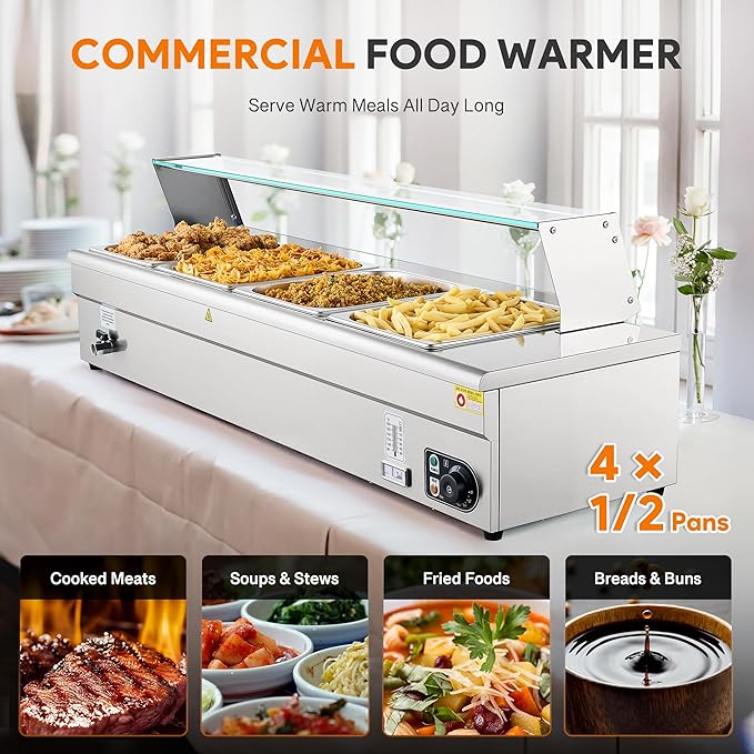 WILPREP Commercial Food Warmer with Four 1/2 Pans, Electric Warmer for Food with Sneeze Guards Adjustable Temp. & Auto Shutoff, Stainless Steel Food Heating Unit for Buffet Food Truck Hotel Catering