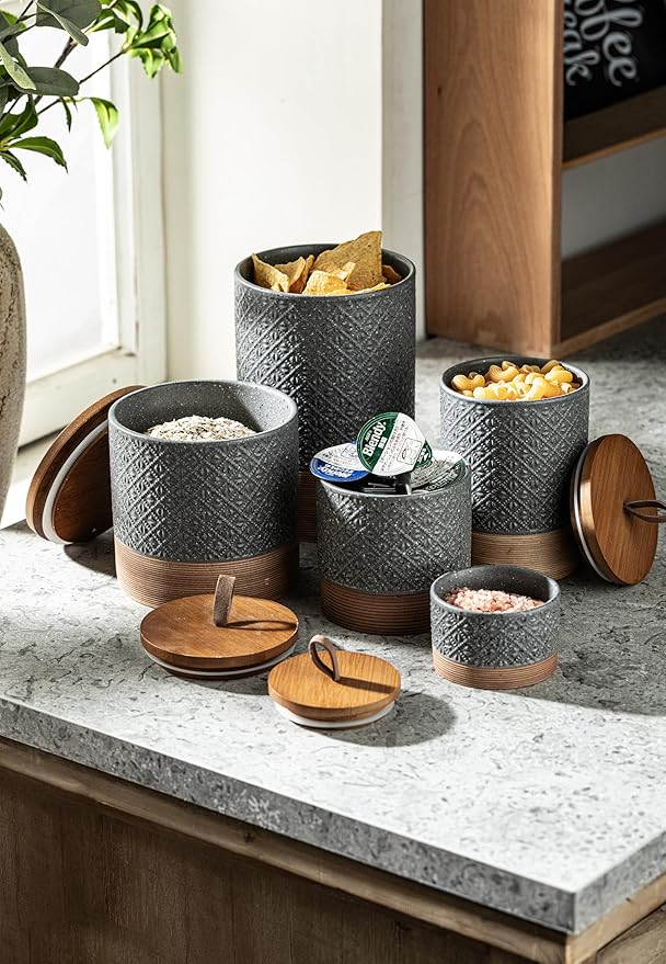 Ceramic Jar with Lid Airtight, Coffee Canister Kitchen Food Storage Jars for Spice Sugar Salt, Coffee Bar Accessories Decorative Container for Countertop - Gray & 42 fl.oz