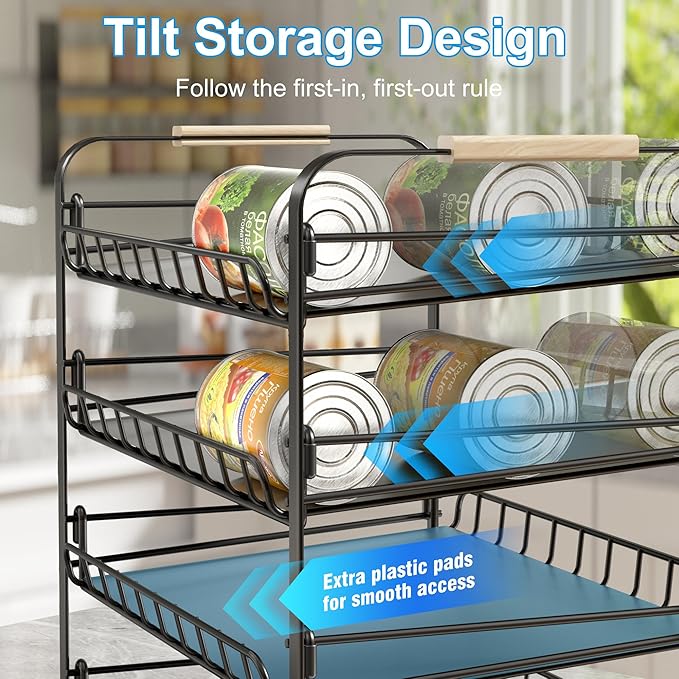 MAXIFFE 4 Tier Can Organizer, Space-Saving Easy Assembly Adjustable Sturdy Metal Hold 48 Cans Storage Holder Rack Dispenser for Pantry Kitchen Cabinet Countertop RV, for Soda Drinks Fruits, Black