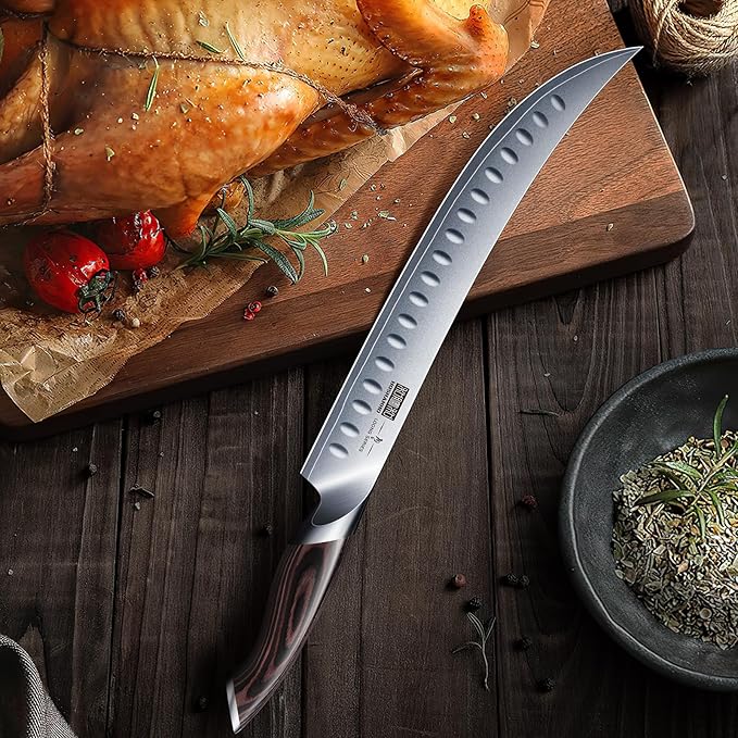 Carving Slicing Knife, 10 Inch Japanese High Carbon Steel Brisket Knife with Ergonomic Pakkawood Handle, Razor Sharp Curved Butcher Breaking Knives for Meat Cutting