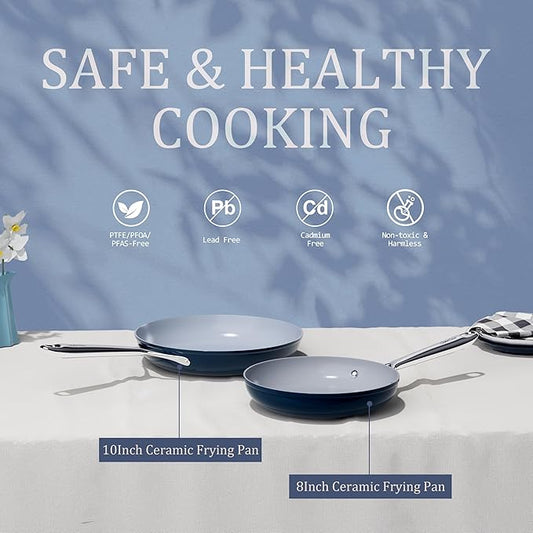 Nonstick Ceramic Frying Pan 10 Inch Induction Compatible - Non Toxic, PTFE/PFOA/PFAS Free, Oven & Dishwasher Safe up to 500°F - Non Stick Small Skillet with Stay-Cool Handle - Navy Blue