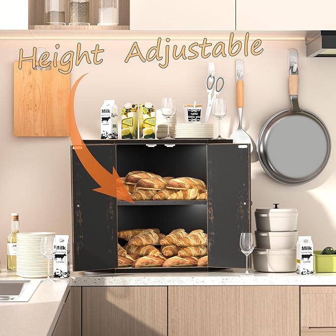 Corner Bread Box for Kitchen Countertop, Storage Container for Homemade Bread, Double Layer BreadBox, Large Capacity Bread Storage Bin, Vintage Farmhouse Breadbox Organizer,Antique Black