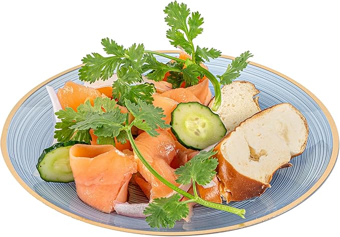 Restaurantware Plastic Plates 100 Pcs 7.25" Gold Rimmed Disposable Plates Heavy-Duty Blue Translucent Rippled Plastic Dinner Servers for Party, Weddings, Salads, Desserts, and Appetizers