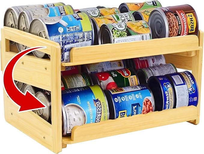 MinBoo Adjustable Can Organizer Rack, Two Tier Bamboo Stackable FIFO Cans Dispenser, Modern Style, Countertop, Assembly Required, Anti Shedding