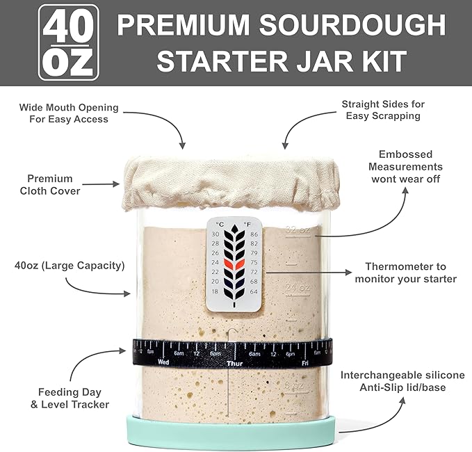 Premium Sourdough Starter Jar - 40oz Large Sourdough Jar with Marked Feeding Band, Thermometer, Scraper, Cloth Cover and Silicone Lid/Base, Wide Mouth Starter Kit - Mint