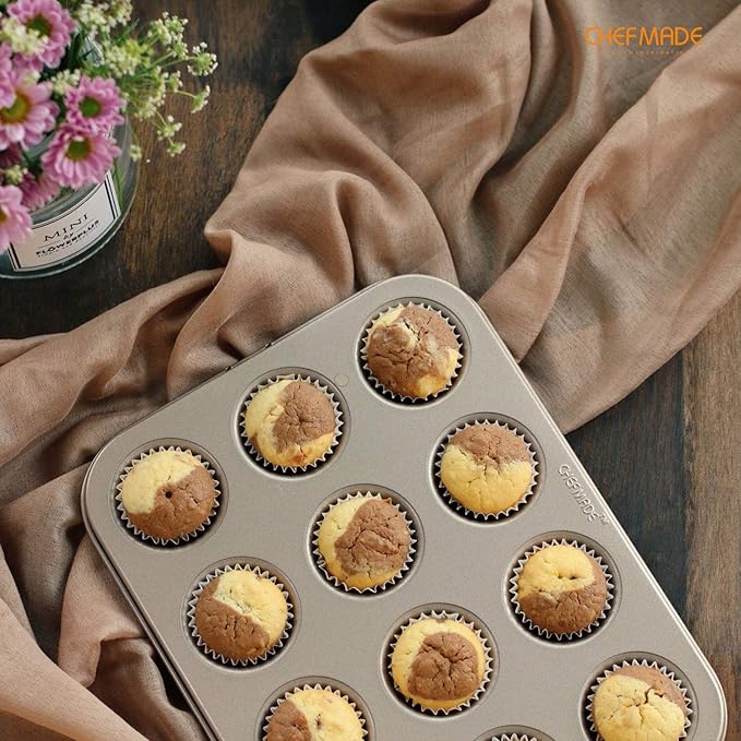 CHEFMADE Mini Muffin Pan, 12-Cavity Non-Stick Mini Cupcake Pan Bakeware for Oven Baking (Champagne Gold)