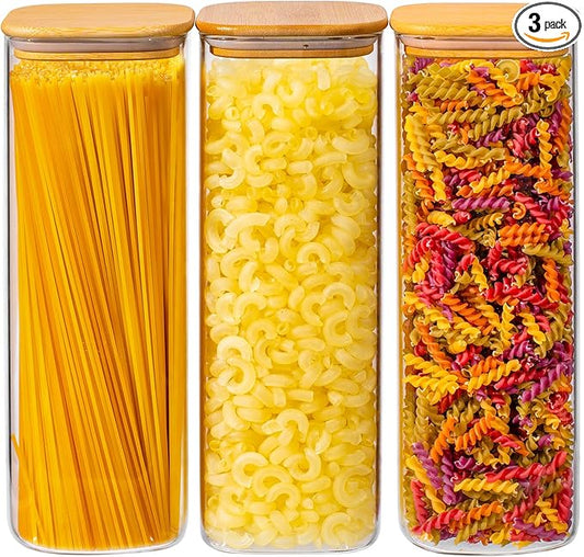 73oz 3PCS Sqaure Spaghetti Pasta Storage Containers with Lids, Pantry Containers Tall Glass Tight Food Storage Jars with Lids for Penne, Macaroni, Lasagna, Fusilli, Cereal, Flour, Sugar, Oats