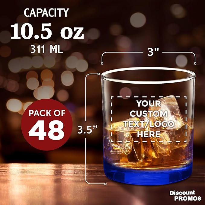 Custom Lexington Rocks Whiskey Glass 10.5 oz, Set of 48, Personalized Bulk Pack - Perfect for Scotch, Bourbon, Whiskey, Cocktail - Blue