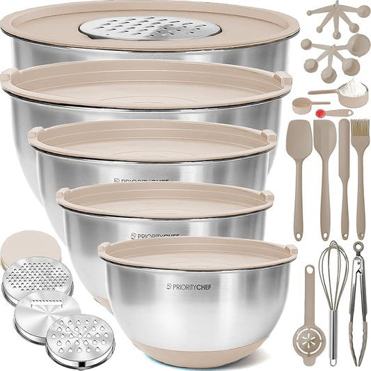 Priority Chef Stainless Steel Mixing Bowls with Lids Set, Metal Nesting Bowls with Airtight Lids, Graters, Non-Slip Base & Measurement Marks, Includes Utensil Set for Prep, Baking & Storage, Khaki