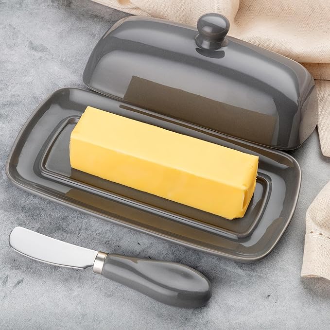 Zulay Butter Dish With Lid For Countertop - Porcelain White, Ceramic Butter Dish with Knob Handle Great for Cooking - Elegant Design Butter Holder - Durable & Sturdy Butter Keeper - Gray