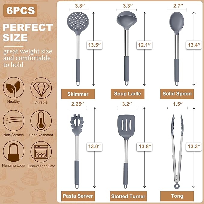 LIANYU Silicone Cooking Utensil Set, 6Pcs Heat Resistant Kitchen Utensils Set, Non-stick Stainless Steel Handle Spatula Tools, Dishwasher Safe, Grey