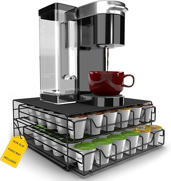 Coffee Bar Organizer for Countertop, K Cup Holder, K Cup Drawer Organizer, Coffee Station Accessories, upto 72 Keurig Coffee Pod Holders for Counter Small Space, Kpod Kcup Storage, Fixed Mat