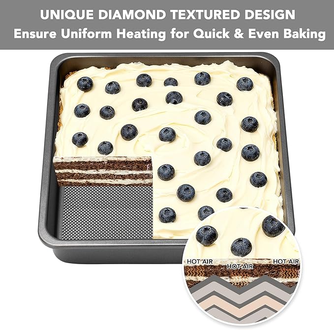 Square Cake Pan, Nonstick Baking Pan for Bread or Brownie, 9x9 Inch Bakeware with Diamond Texture Pattern, Set of 2