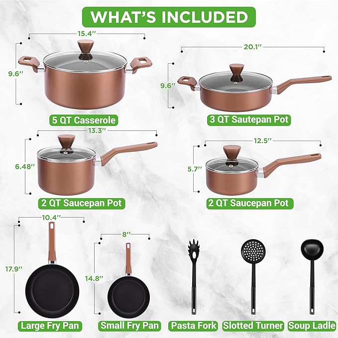 NutriChef 13-Piece Nonstick Kitchen Cookware Set-PTFE/PFOA/PFOS-Free Heat Resistant Kitchen Ware Pots Pan Set w/ Saucepan,Frying Pans,Cooking Pots,Casserole,Lids, Ladle,Fork, Strainer,Brown -NCCWA13BR