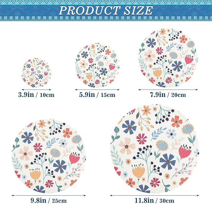 5 Pcs Bowl Covers Reusable in 5 Size Elastic Food Cover Cloth Lids Fresh Keeping Dish Cookware Bakeware Fabric Covers Lids for Food Leftovers Fruits Storage Flower Collection