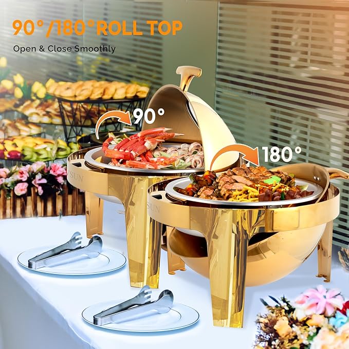 ROVSUN 6 QT 3 Pack Round Chafing Dish Buffet Set, Roll Top NSF Stainless Steel Buffet Warmer Chafers and Warmers Sets with Thick Frame for Catering Events Parties Weddings Dinners, Gold