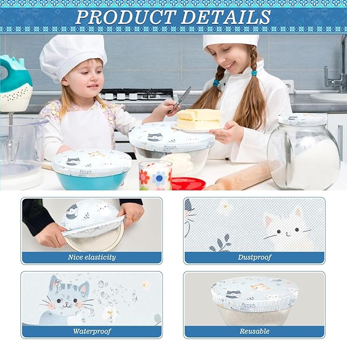 5 Pcs Bowl Covers Reusable in 5 Size Elastic Food Cover Cloth Lids Fresh Keeping Dish Cookware Bakeware Fabric Covers Lids for Food Leftovers Fruits Storage Blue Cats Flowers