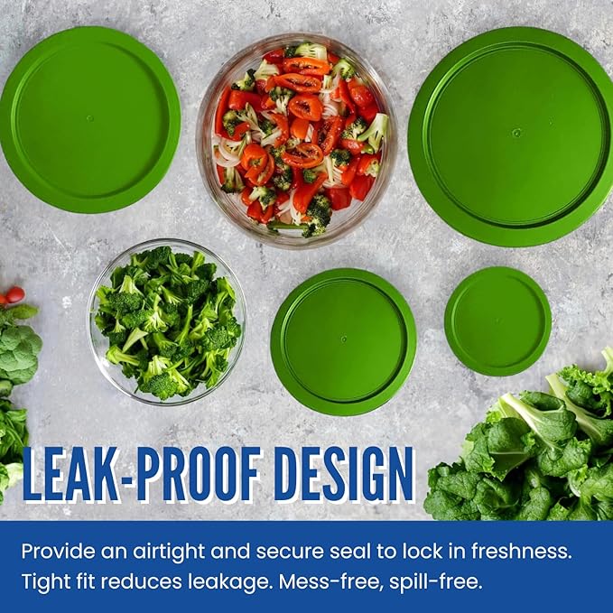 Replacement Lids for Pyrex 2-Cup Glass Food Storage Container Bowls, 5-Inch Plastic Round Lids Covers fits Pyrex 7200-PC, Airtight & Leakproof (2-Pack, Green)