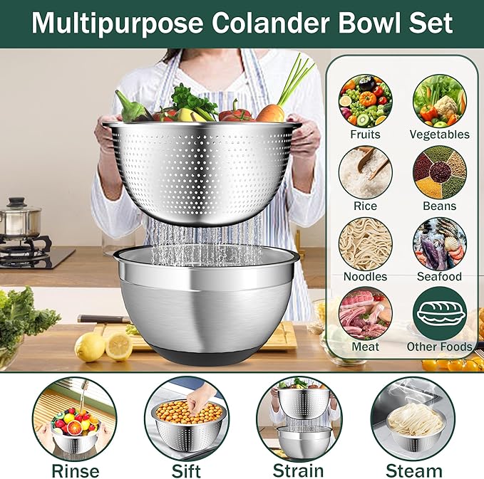 Mixing Bowls with Airtight Lids, Stainless Steel Mixing Bowl Set with 3 Metal Nesting Bowls, Colander & Grater, Non-Slip Bottoms, Size 1.5, 2.5, 5 QT, Great for Mixing & Serving, Black