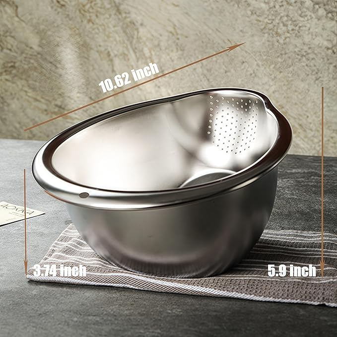 Rice Washing Bowl with Side Drainer Strainer Small Quinoa Washer Bowl, Stainless Steel Colander for Cleaning Fruits, Vegetables, and Beans - Versatile Kitchen Tool