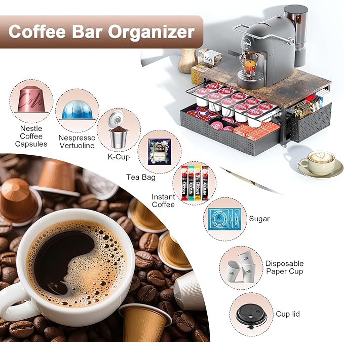 K Cup Holder, Coffee Pod Holder with 2 Tier Sliding Storage Drawer and 1 Hanging Basket for 51 Large or 73 Small Capsule,K Cup Coffee Station Organizer Accessories for Counter,Home,Office,Kitchen