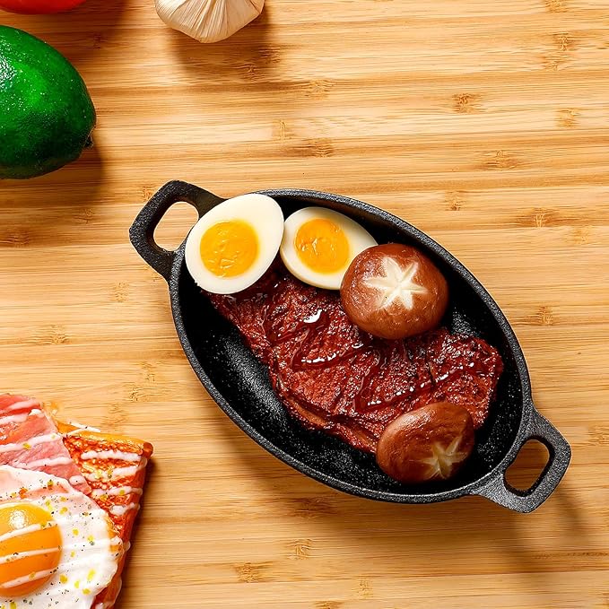 Mifoci 4 Pcs Oval Serving Dish Mini Cast Iron Skillet Cast Iron Baking Pan Sizzling Plate Matte Black Gratin Cookware for Home Restaurant Kitchen Food Service Barbecue (7.1" X 4.7")
