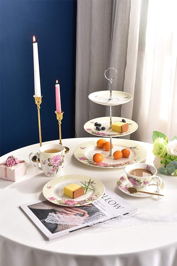 London Boutique Tea for One Teapot Cup Saucer Set Vintage Bird Rose Butterfly Flora New Bone China Gift Box (Beige/Cream)