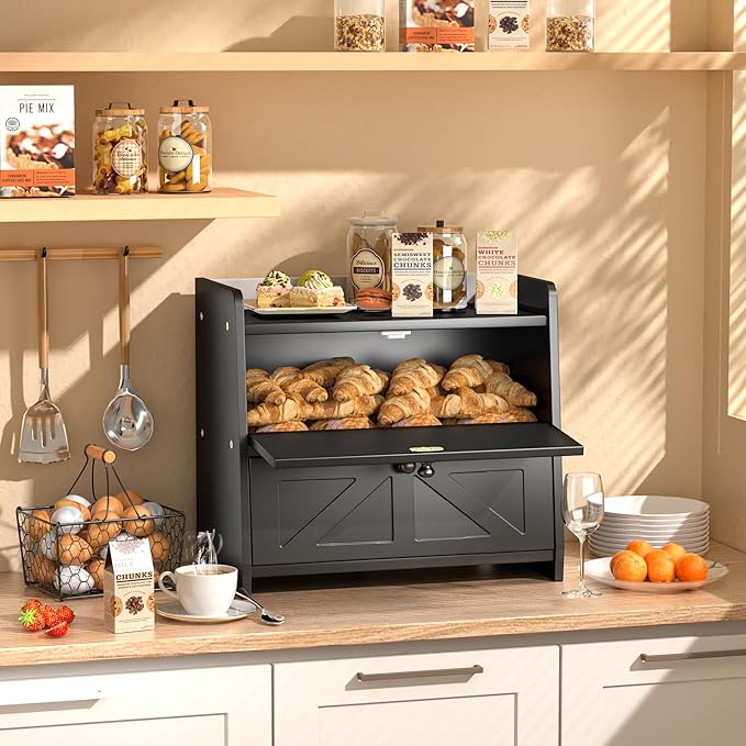Bread Box for Kitchen Countertop, Double Layer Wooden Breadbox, Large Capacity Bread Storage Bin, Homemade Bread Storage Container, Farmhouse Breadbox Organizer, Black