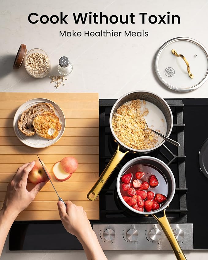 Gold Pots and Pans Set, Hybrid Hammered Stainless Steel, 10PC Nonstick Kitchen Cookware Sets w/Frying pan, Non Toxic, Oven Safe & Compatible with All Stovetops