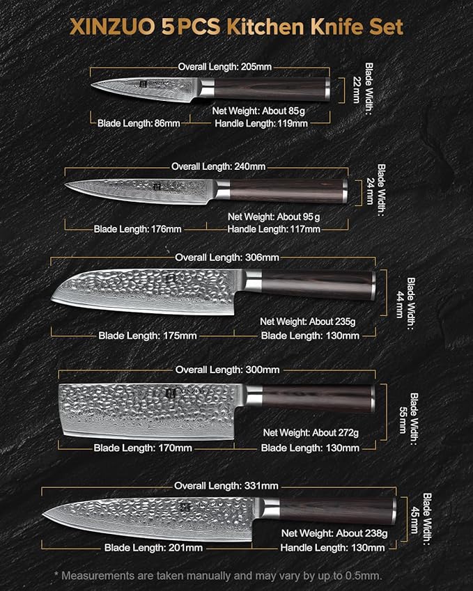 XINZUO Kitchen Cutting Knife Set of 5 Piece,67 Layers Hammered Damascus Blade,Razor Sharp Japanese-Style Chef Knife Set with Pakkawood Handle,Gift Box