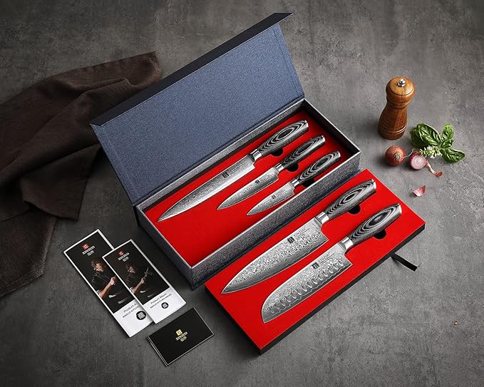 XINZUO 5-Piece Kitchen Knife,Super Sharp Damascus Steel Professional Chef Knife Set with Pakkawood Handle, Gift Box