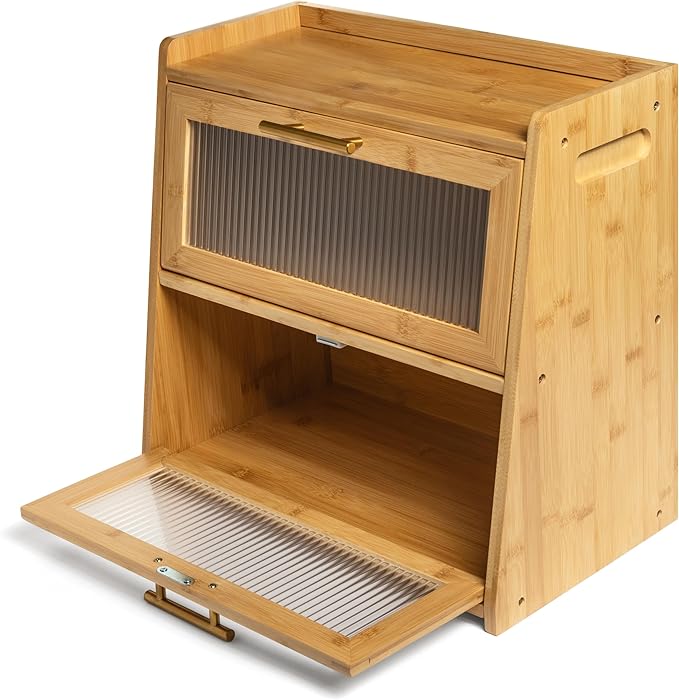 Bamboo Bread Box for Kitchen Countertop, Large Dual-Layer Breadbox Provides Double the Bread Storage Space, Holds Multiple Loaves, Durable & Beautiful with Frosted Acrylic Panels