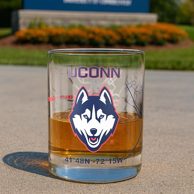 Greenline Goods – University of Connecticut Huskies College Whiskey Glasses (Set of 2), 10 oz – Full-Color Logo + Campus Map