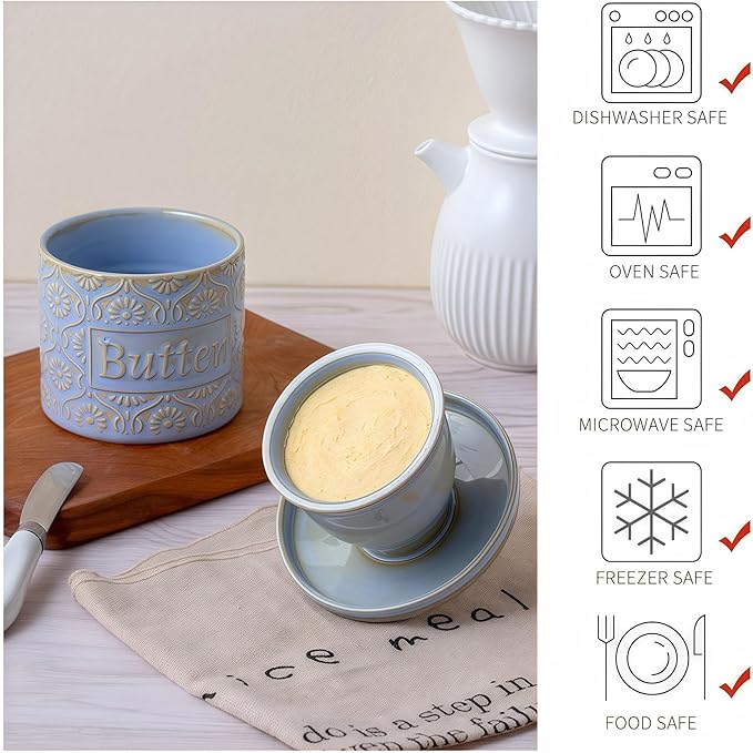 Ceramic Butter Crock with Lid, French Butter Dish with Water Line for Countertop, Butter Keeper for Spreadable Butter, Container Holder for Kitchen and Home Decor, 6.7 OZ, Pale Blue
