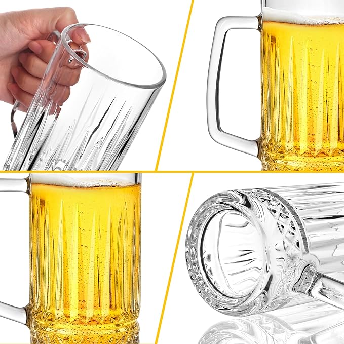 Beer Mug Set of 2, 20oz Crystal Beer Glasses with Handle, Glass Beer Mugs for Freezer, Gifts for Men