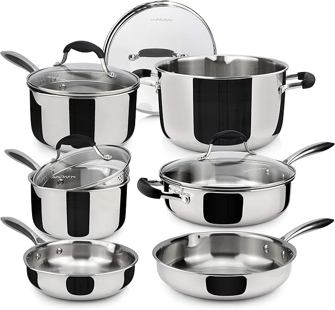AVACRAFT 18/10 Stainless Steel Cookware Set, Premium Pots and Pans, Kitchen Essentials For Cooking, Multi-Ply Body Stainless Steel, 10-Pieces