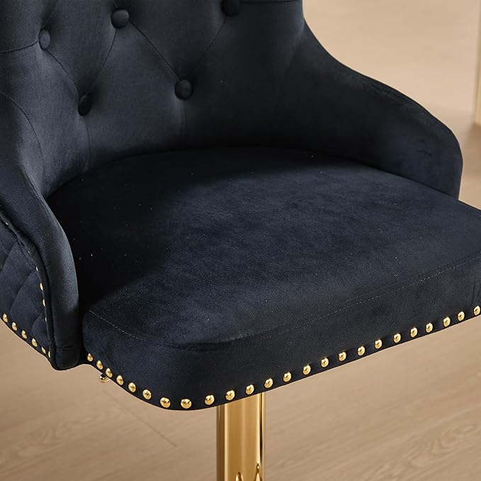 Velvet Gold Barstools Set of 2, Modern Counter Height Adjustable Swivel Stools Chairs with High Tufted Backrest Golden Base Lion Head Pull Ring Diamond Pattern Rivet Trim for Kitchen (Black)
